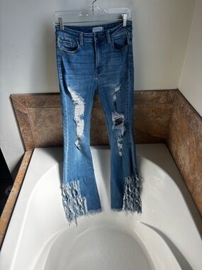 Cello Distressed Medium Blue High-Rise Fringe Hem Flare Jeans